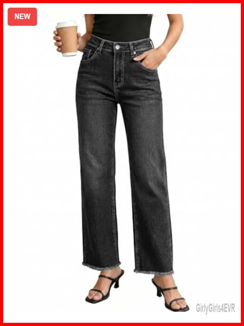 High Waisted Straight Leg Jeans Stretchy Frayed Raw Hem Loose Denim Pants